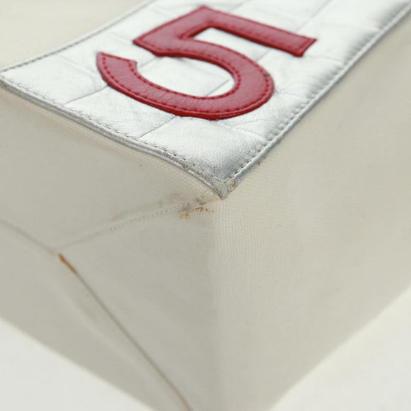 CHANEL Chain Choco Bar Line Shoulder Bag No5 Canvas White Silver CC Auth 168140V