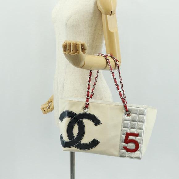 CHANEL Chain Choco Bar Line Shoulder Bag No5 Canvas White Silver CC Auth 168140V