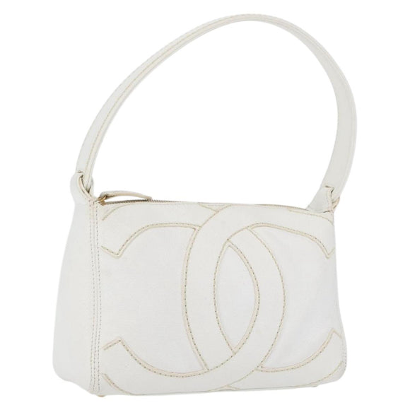 CHANEL COCO Mark Shoulder Bag Caviar Skin White Gold CC Auth 168141SAV
