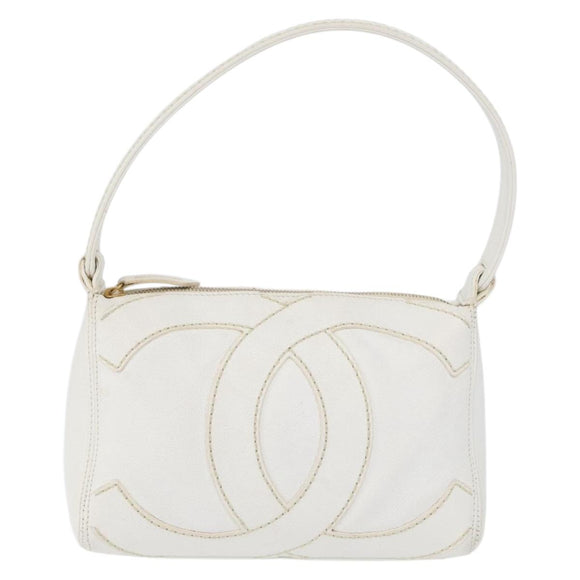 CHANEL COCO Mark Shoulder Bag Caviar Skin White Gold CC Auth 168141SAV