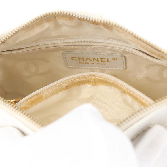 CHANEL COCO Mark Shoulder Bag Caviar Skin White Gold CC Auth 168141SAV