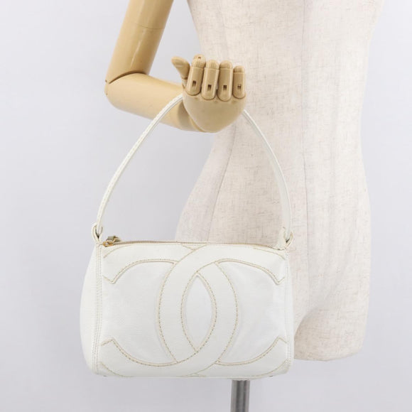 CHANEL COCO Mark Shoulder Bag Caviar Skin White Gold CC Auth 168141SAV