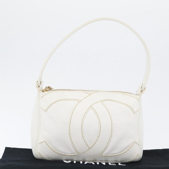 CHANEL COCO Mark Shoulder Bag Caviar Skin White Gold CC Auth 168141SAV