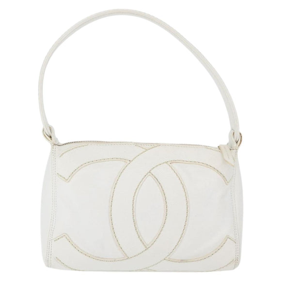 CHANEL COCO Mark Shoulder Bag Caviar Skin White Gold CC Auth 168141SAV