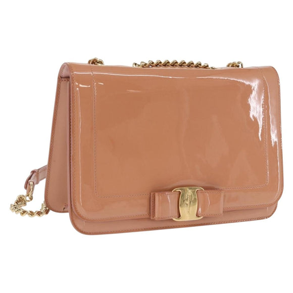 Salvatore Ferragamo Vala Chain Shoulder Bag Patent leather Pink Gold Auth 168168