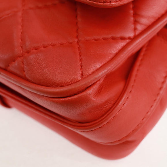 CHANEL Matelasse 25 Chain Shoulder Bag Lamb Skin Red Silver CC Auth 168175V