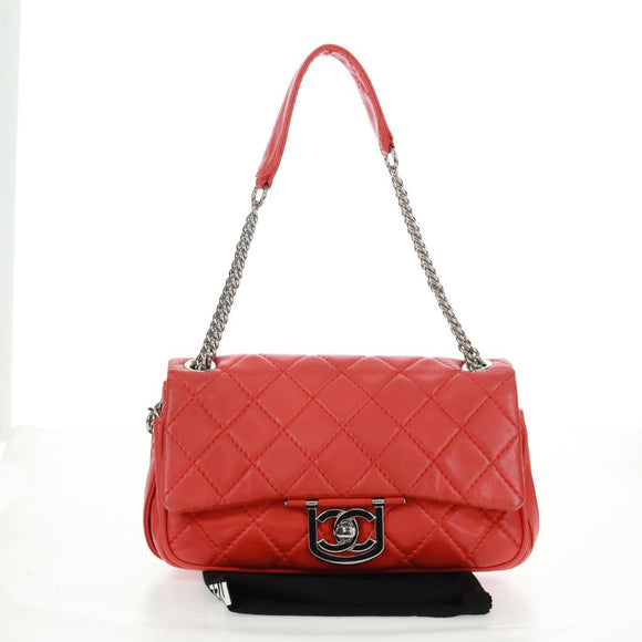 CHANEL Matelasse 25 Chain Shoulder Bag Lamb Skin Red Silver CC Auth 168175V