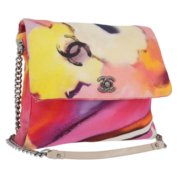 CHANEL Chain Matelasse Shoulder Bag Canvas Multicolor Silver CC Auth 168180SAM