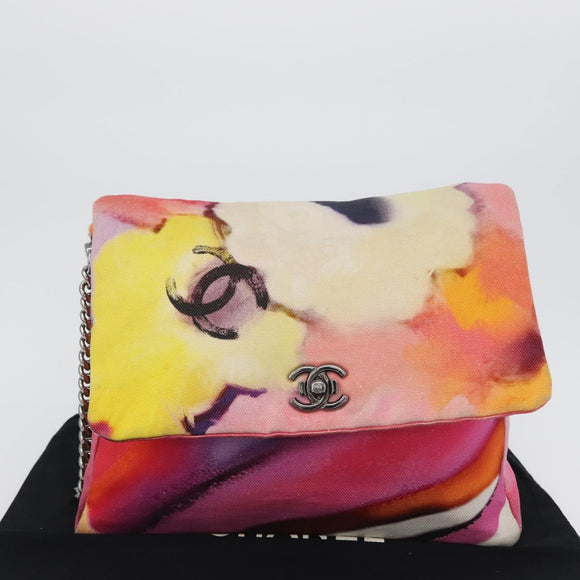 CHANEL Chain Matelasse Shoulder Bag Canvas Multicolor Silver CC Auth 168180SAM