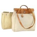 HERMES Her Bag MM Hand Bag Canvas Beige Silver Auth 168228-1