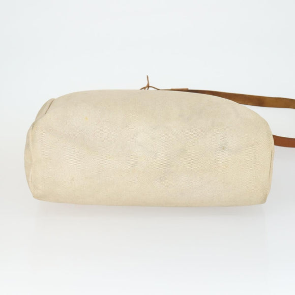 HERMES Her Bag MM Hand Bag Canvas Beige Silver Auth 168228