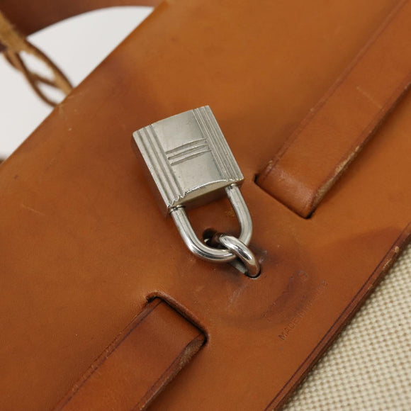 HERMES Her Bag MM Hand Bag Canvas Beige Silver Auth 168228