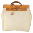 HERMES Her Bag MM Hand Bag Canvas Beige Silver Auth 168228-13