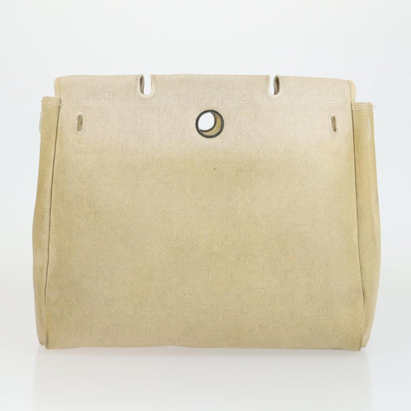 HERMES Her Bag MM Hand Bag Canvas Beige Silver Auth 168228