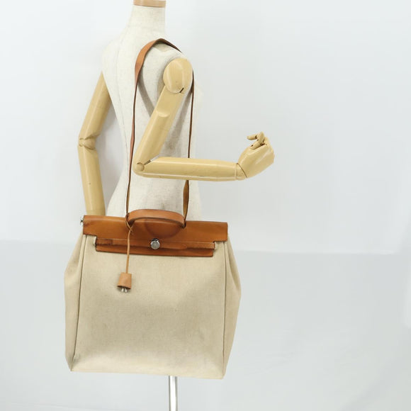 HERMES Her Bag MM Hand Bag Canvas Beige Silver Auth 168228