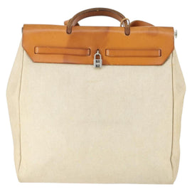 HERMES Her Bag MM Hand Bag Canvas Beige Silver Auth 168228 - 0
