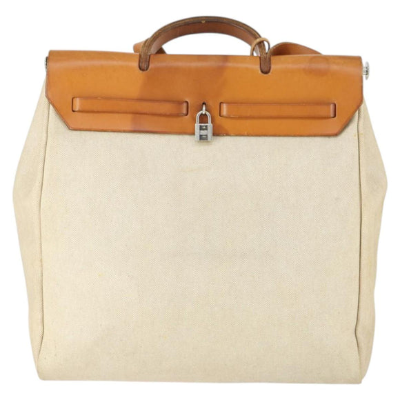 HERMES Her Bag MM Hand Bag Canvas Beige Silver Auth 168228