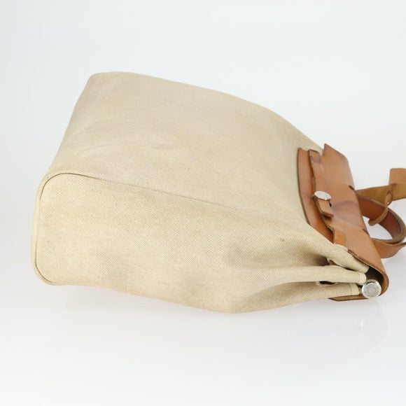 HERMES Her Bag MM Hand Bag Canvas Beige Silver Auth 168228