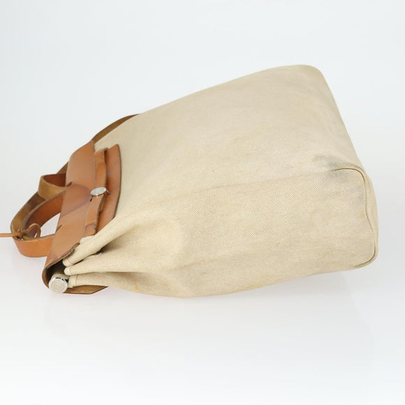 HERMES Her Bag MM Hand Bag Canvas Beige Silver Auth 168228