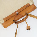 HERMES Her Bag MM Hand Bag Canvas Beige Silver Auth 168228-6