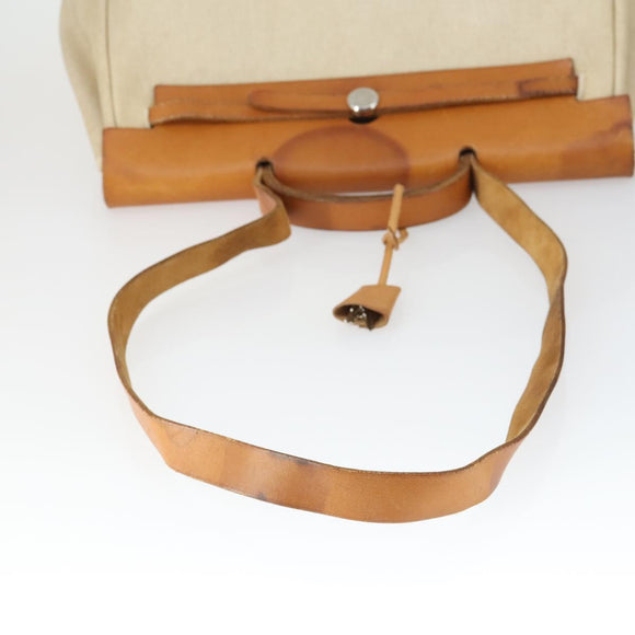 HERMES Her Bag MM Hand Bag Canvas Beige Silver Auth 168228