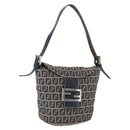 FENDI Zucchino Canvas Mamma Baguette Shoulder Bag Navy Silver Auth 168294-1