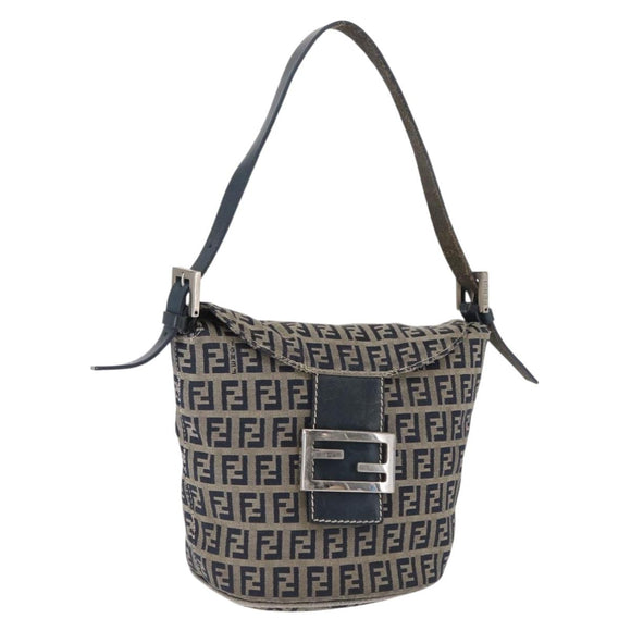 FENDI Zucchino Canvas Mamma Baguette Shoulder Bag Navy Silver Auth 168294
