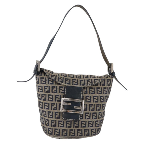FENDI Zucchino Canvas Mamma Baguette Shoulder Bag Navy Silver Auth 168294