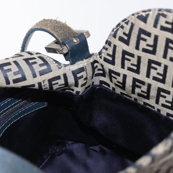 FENDI Zucchino Canvas Mamma Baguette Shoulder Bag Navy Silver Auth 168294