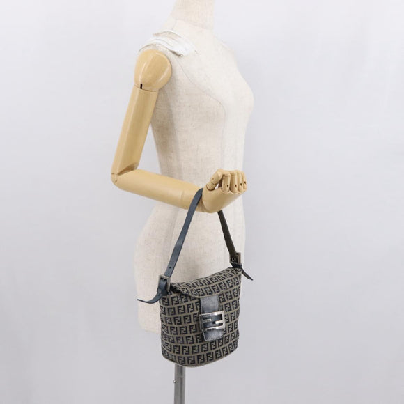 FENDI Zucchino Canvas Mamma Baguette Shoulder Bag Navy Silver Auth 168294
