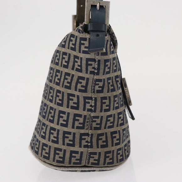 FENDI Zucchino Canvas Mamma Baguette Shoulder Bag Navy Silver Auth 168294