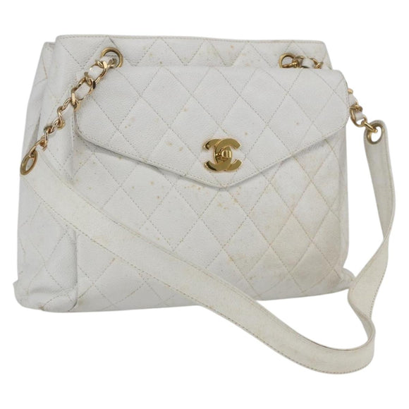 CHANEL Matelasse Chain Shoulder Bag Caviar Skin White Gold CC Auth 168296