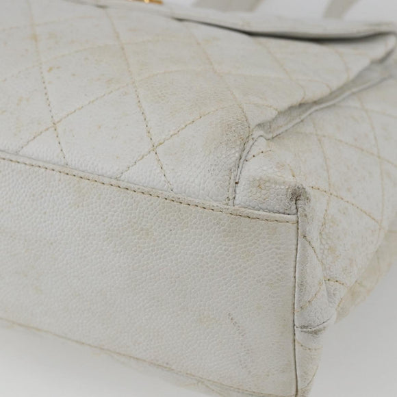 CHANEL Matelasse Chain Shoulder Bag Caviar Skin White Gold CC Auth 168296