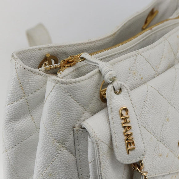 CHANEL Matelasse Chain Shoulder Bag Caviar Skin White Gold CC Auth 168296