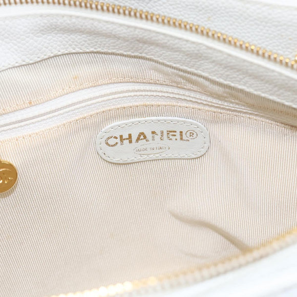 CHANEL Matelasse Chain Shoulder Bag Caviar Skin White Gold CC Auth 168296