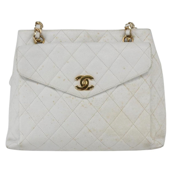 CHANEL Matelasse Chain Shoulder Bag Caviar Skin White Gold CC Auth 168296