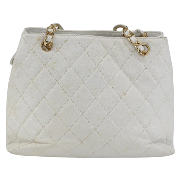 CHANEL Matelasse Chain Shoulder Bag Caviar Skin White Gold CC Auth 168296