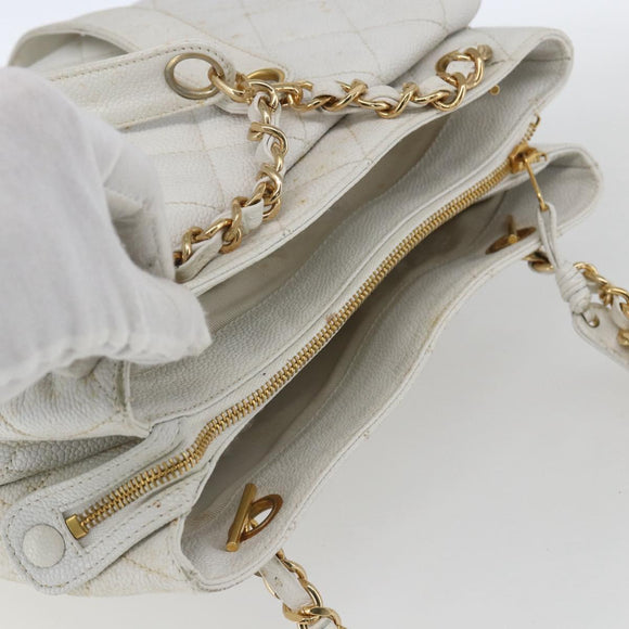 CHANEL Matelasse Chain Shoulder Bag Caviar Skin White Gold CC Auth 168296