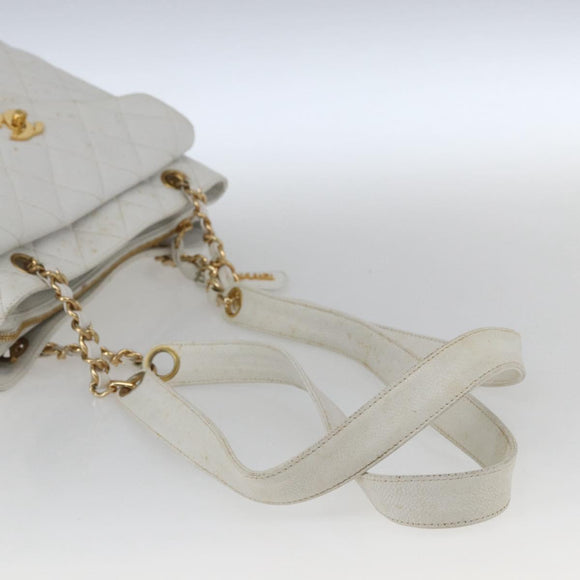 CHANEL Matelasse Chain Shoulder Bag Caviar Skin White Gold CC Auth 168296