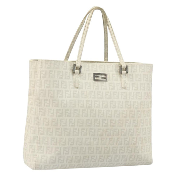 FENDI Zucchino Canvas Tote Bag White Silver Auth 168311A
