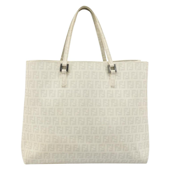 FENDI Zucchino Canvas Tote Bag White Silver Auth 168311A