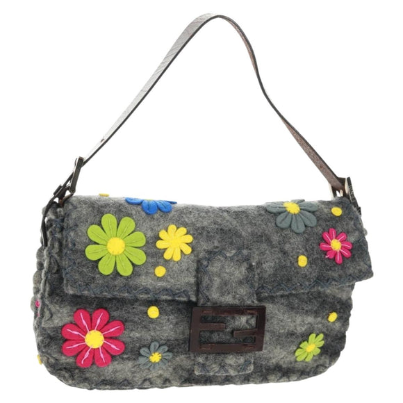 FENDI Flower Pattern Mamma Baguette Shoulder Bag Wool Gray Silver Auth 168312SAV