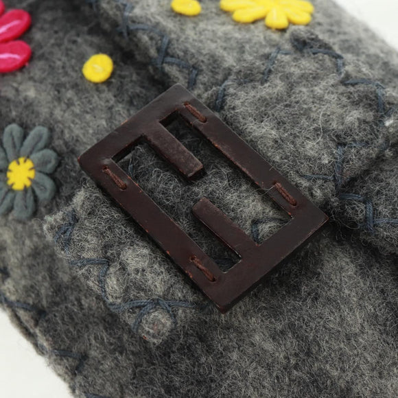 FENDI Flower Pattern Mamma Baguette Shoulder Bag Wool Gray Silver Auth 168312SAV