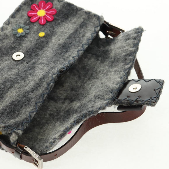 FENDI Flower Pattern Mamma Baguette Shoulder Bag Wool Gray Silver Auth 168312SAV