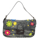 FENDI Flower Pattern Mamma Baguette Shoulder Bag Wool Gray Silver Auth 168312SAV-13