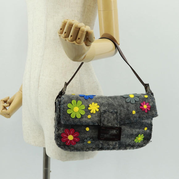 FENDI Flower Pattern Mamma Baguette Shoulder Bag Wool Gray Silver Auth 168312SAV