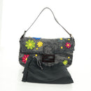 FENDI Flower Pattern Mamma Baguette Shoulder Bag Wool Gray Silver Auth 168312SAV-12