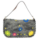 FENDI Flower Pattern Mamma Baguette Shoulder Bag Wool Gray Silver Auth 168312SAV-2