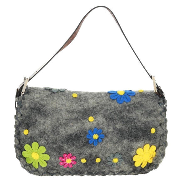 FENDI Flower Pattern Mamma Baguette Shoulder Bag Wool Gray Silver Auth 168312SAV