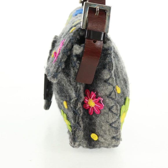 FENDI Flower Pattern Mamma Baguette Shoulder Bag Wool Gray Silver Auth 168312SAV